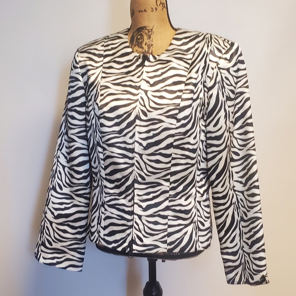 Vintage Parche Pairs Zebra Satin Zipper Blazer Jacket Size 14 Made in the USA - Picture 8 of 11